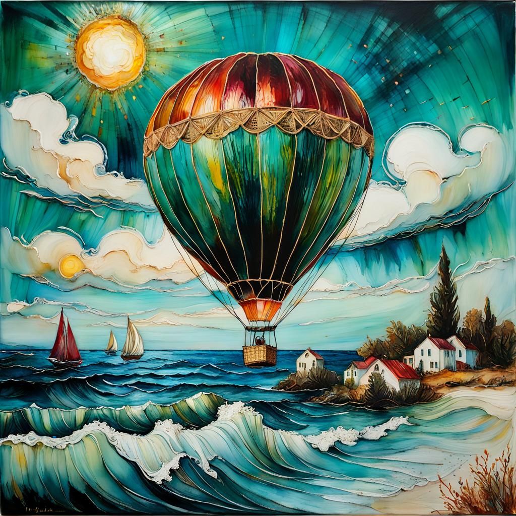Encaustic Hot Air Balloon Over the Sea