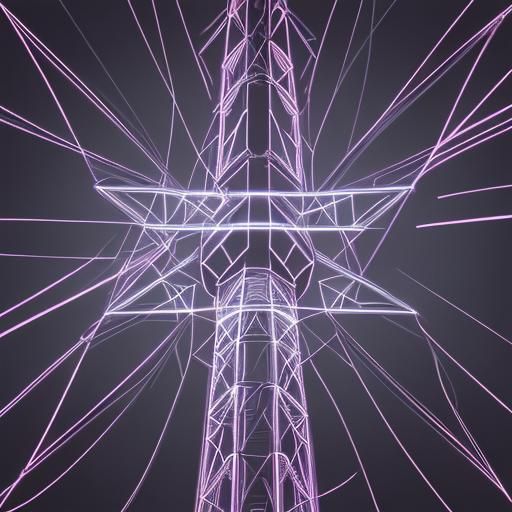 geometric line drawing of an electricity pylon, fine line drawing, high detail, intricate detail, synthwave neon retro