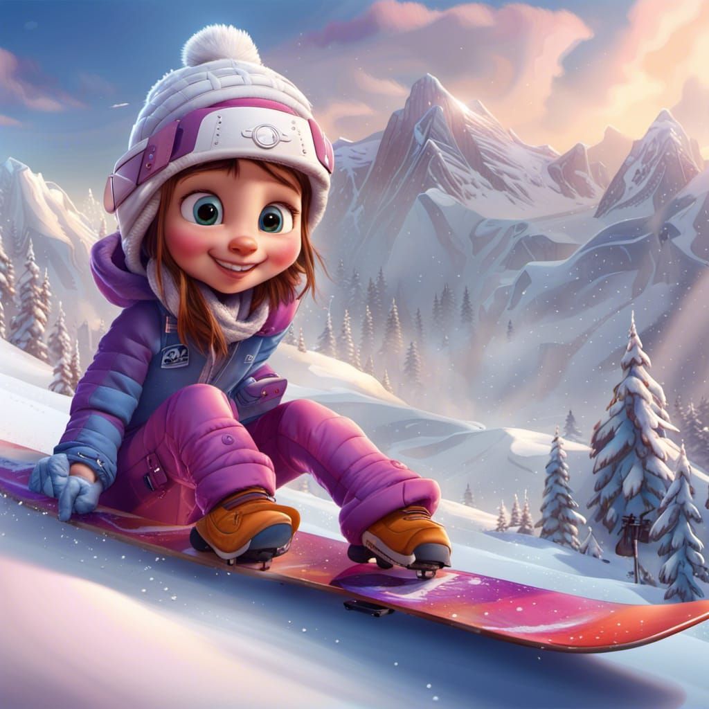 Cute Girl on Snowboard in Pixar Style
