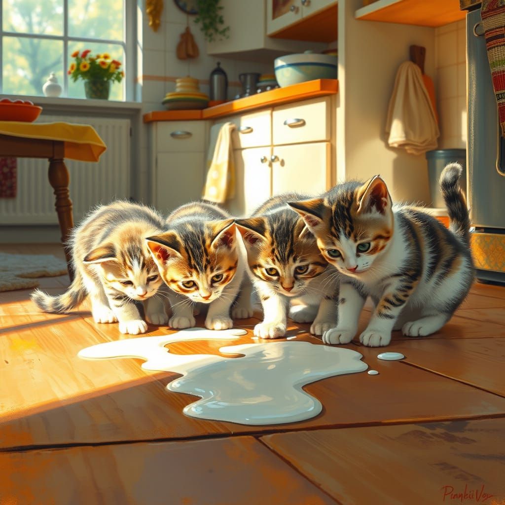 Kittens Enjoying Spilled Milk: Nostalgic Impressionism