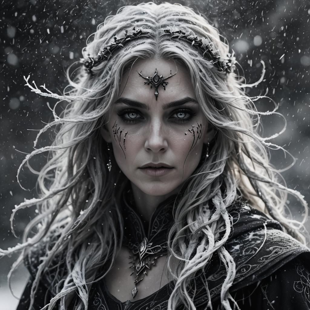 Grimdark Sorceress Portrait in Black and White