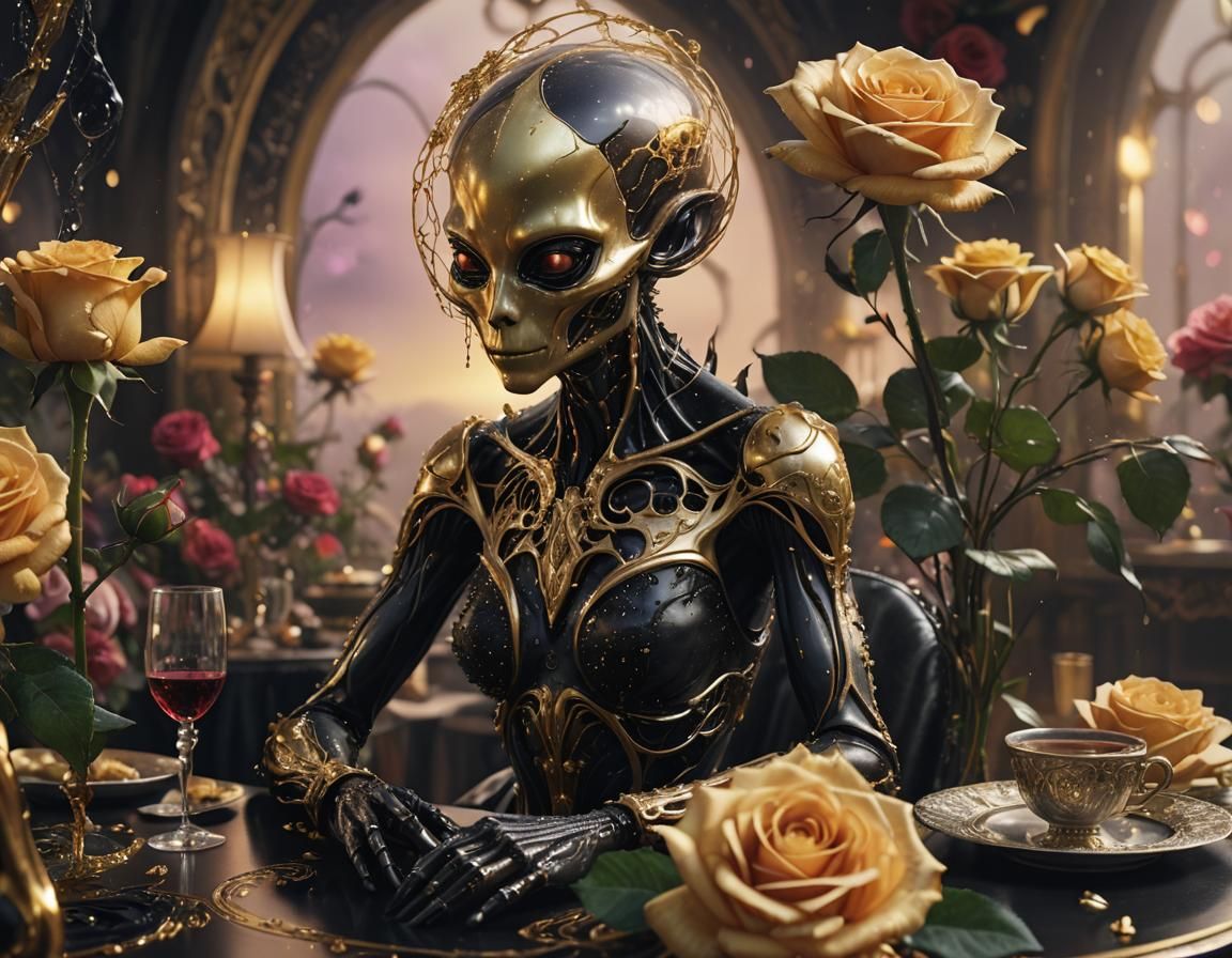 Regal Alien with Black Rose: Surreal Digital Painting