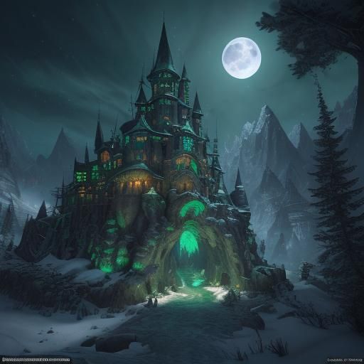 Moonlit Dungeon Entrance on Snowy Mountain