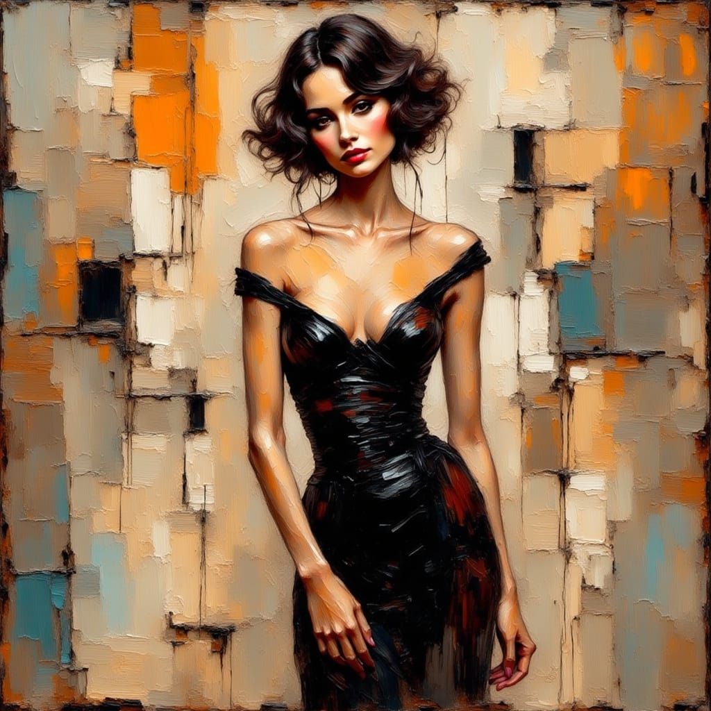 Elegant Brunette in Impasto-Grunge Style Evening Dress