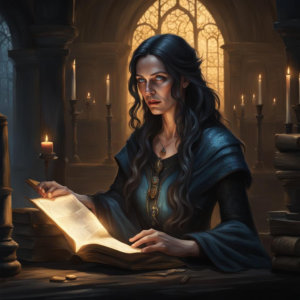 Elegant Woman Reads Spellbook in Dark Fantasy Style