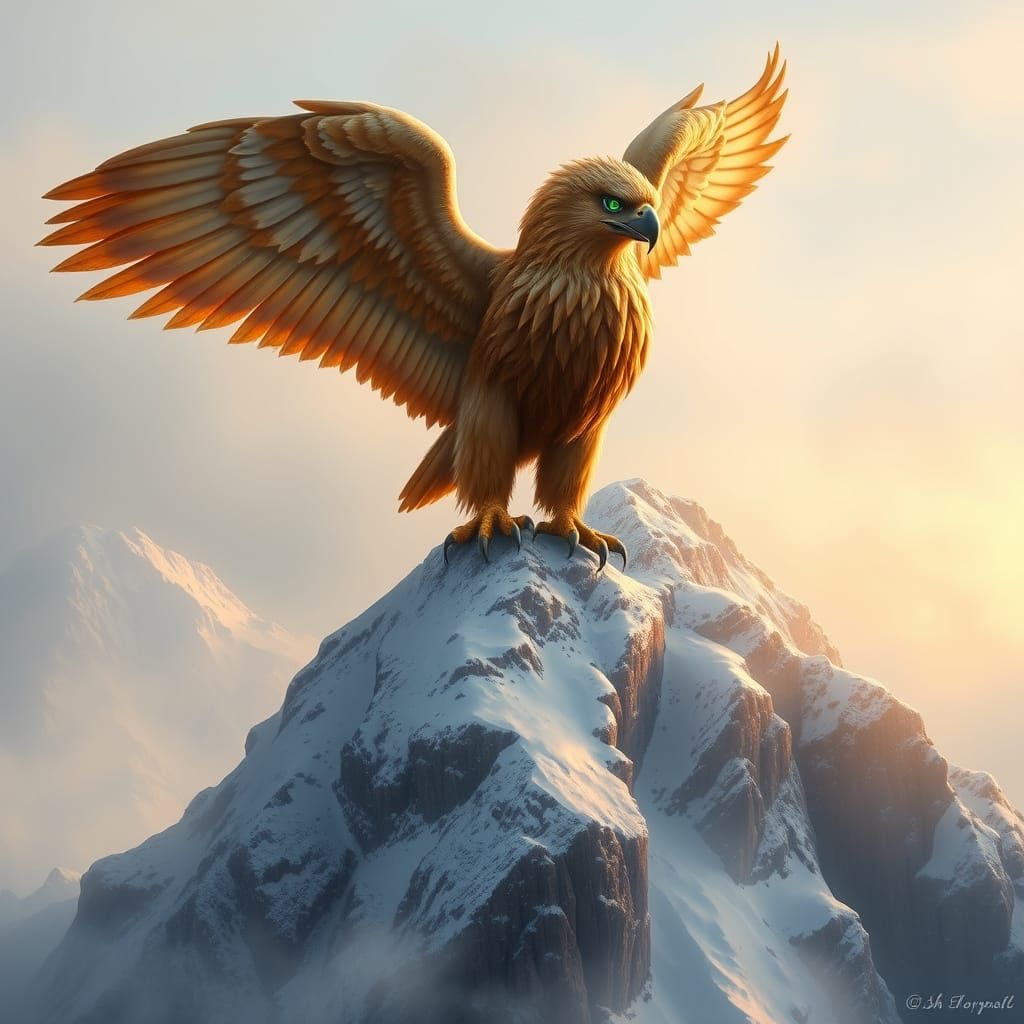 Golden Griffin on Snowy Mountain in Pre-Raphaelite Style