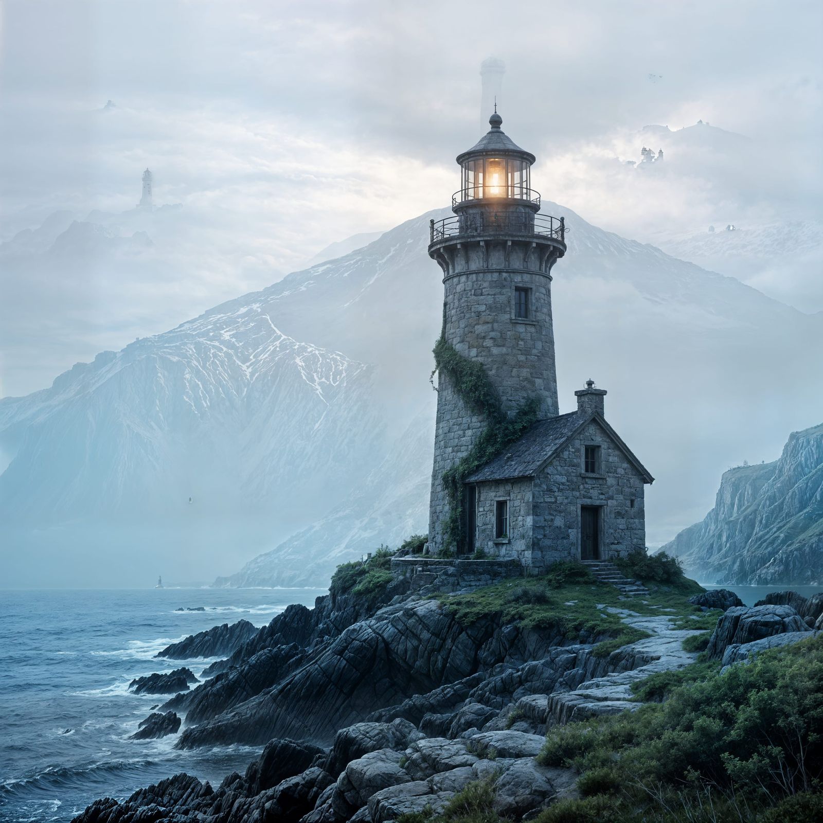 Weathered Lighthouse in Fog, Nature's Embrace