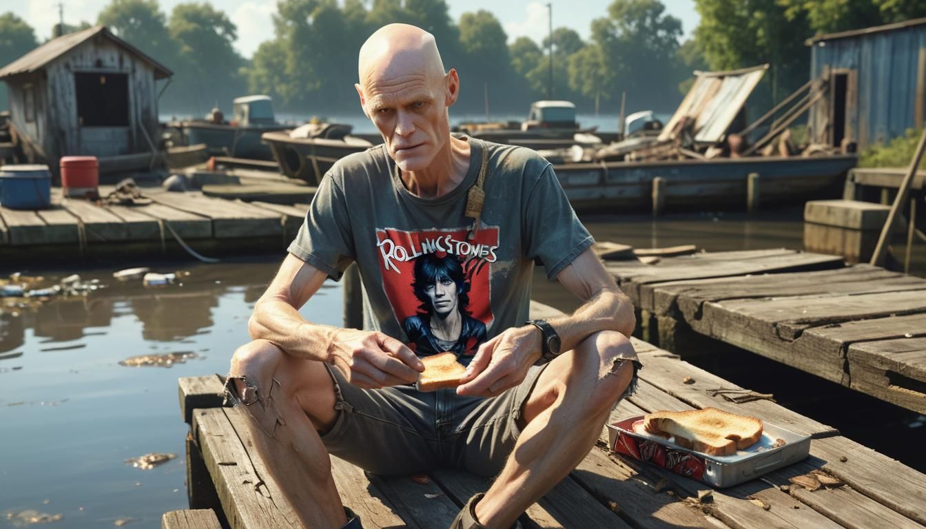 Hyperrealistic Image of Man Eating Toast on Dock
