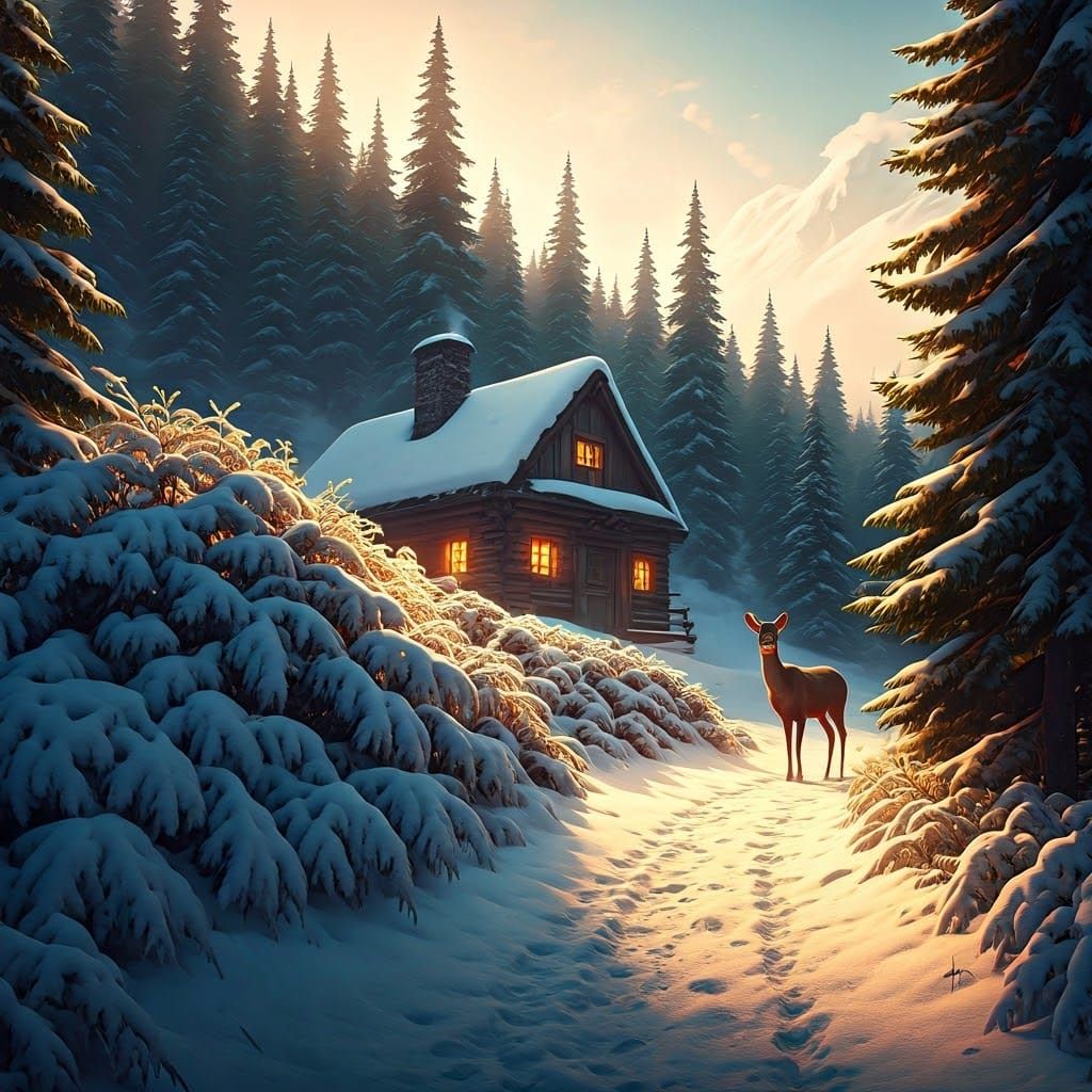 Rustic Snow-Covered Hut in Vibrant Mountain Landscape