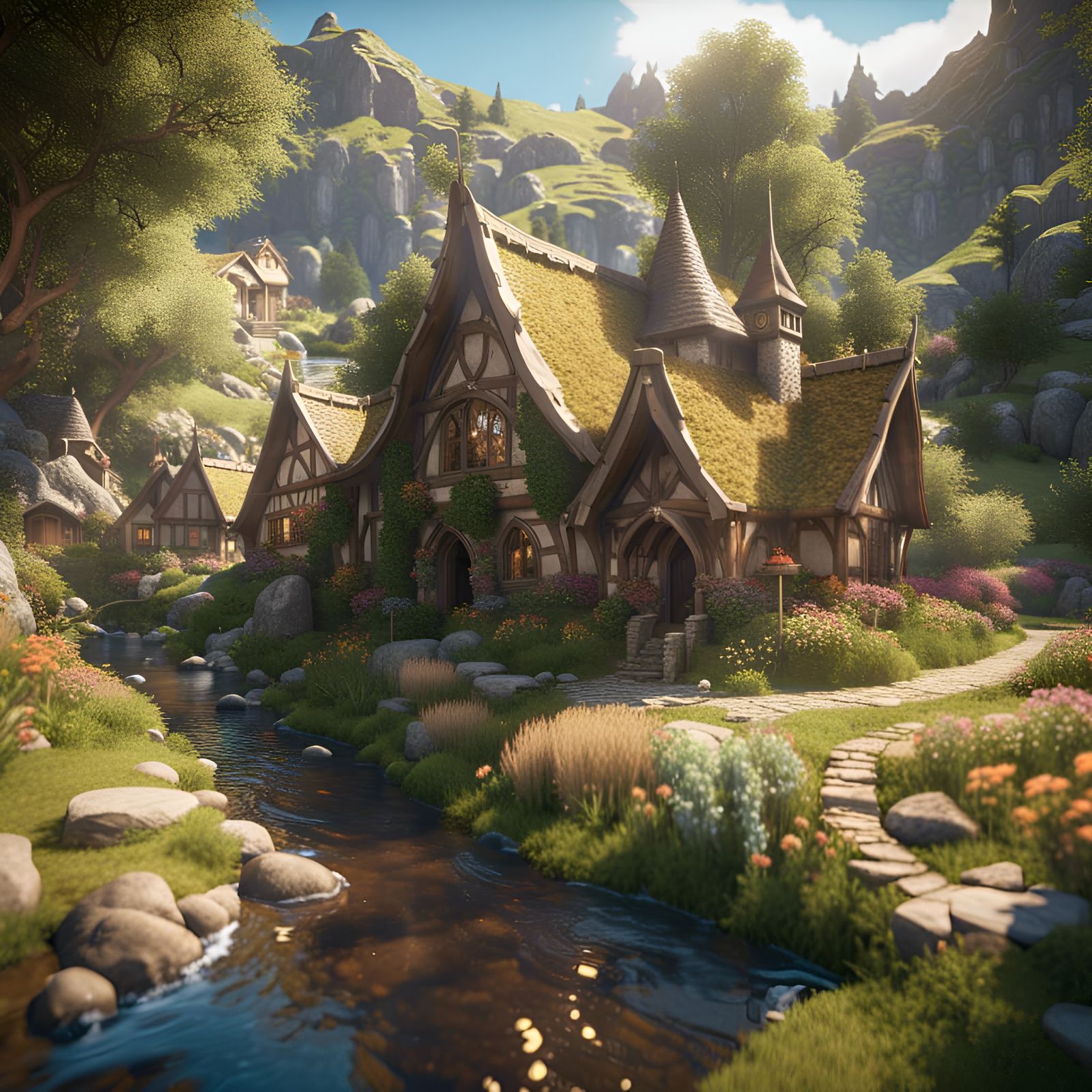 Enchanted Hobbit Village: 3D Rendered Countryside