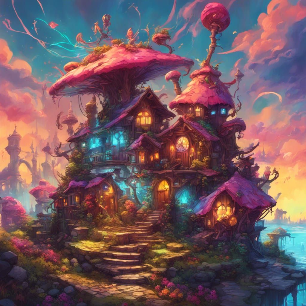 Neon Punk Fairy Village in Hyperrealistic Splash Art