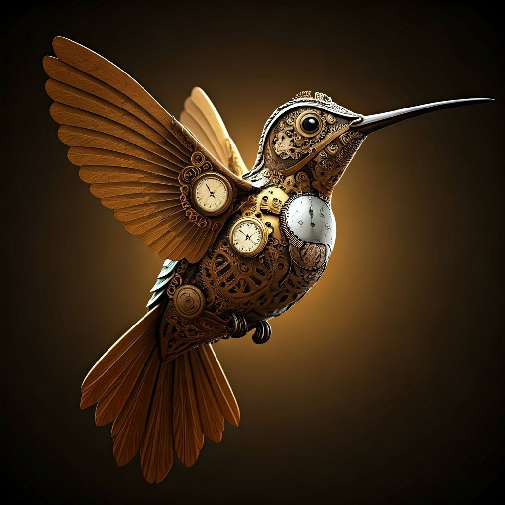 Intricate Wooden Steampunk Hummingbird Sculpture