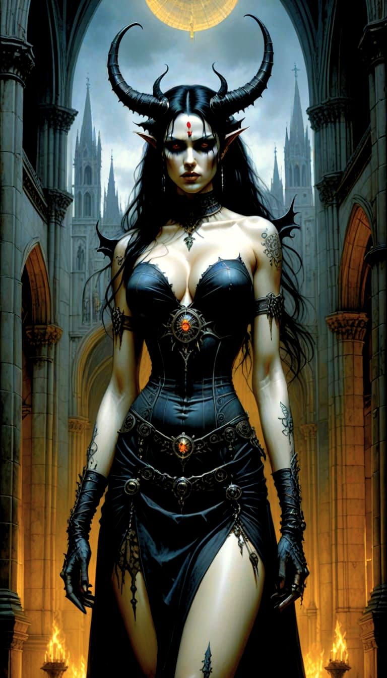 Dark Gothic Demoness in Front of a Towering Cathedral