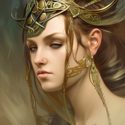 Regal Celtic Princess Portrait in Art Nouveau Style