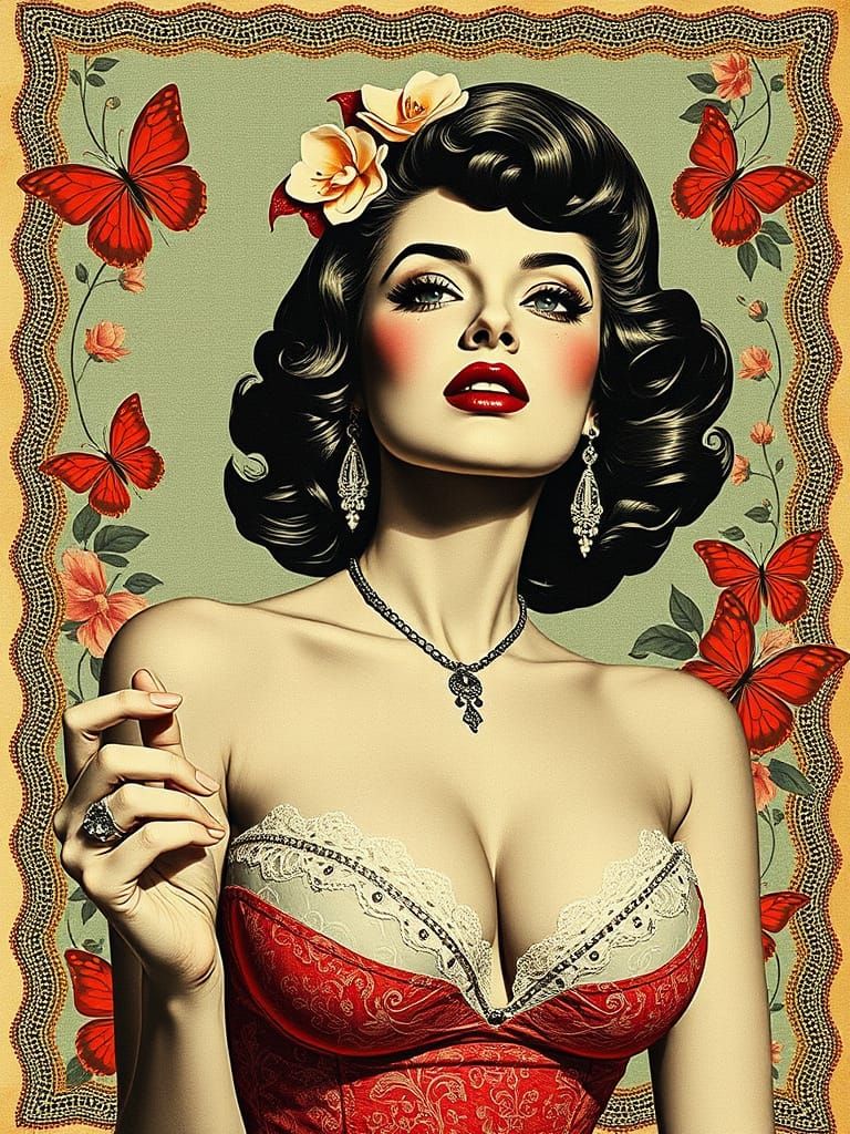 Elegant Pin-Up Lady in Lace Collage Style