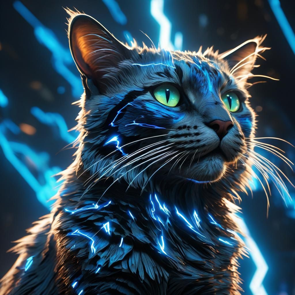 Electric Blue Plasma Cat Portrait in Sci-Fi Style