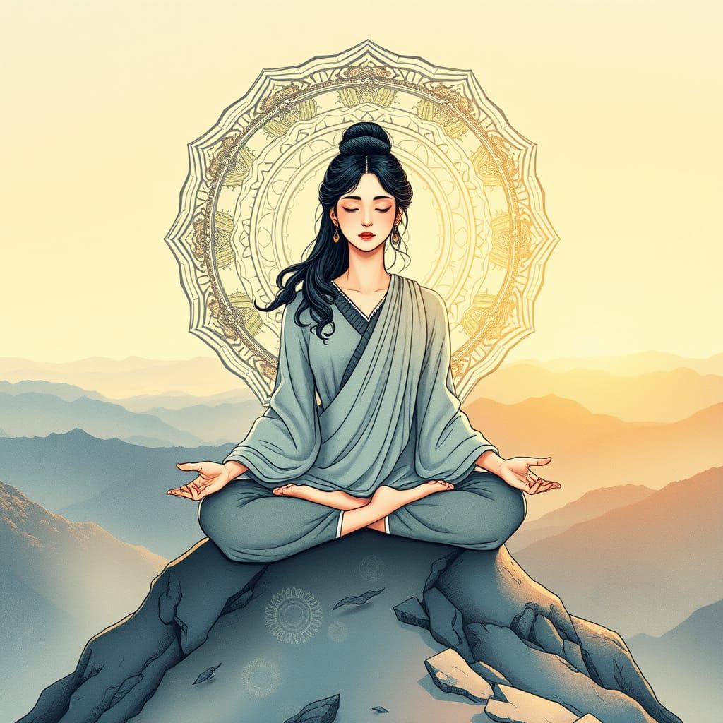 Woman Meditating at Sunrise in Ukiyo-e Watercolor Style