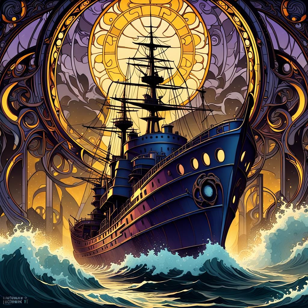Warship Breaks Through Stormy Sea in Art Nouveau Style