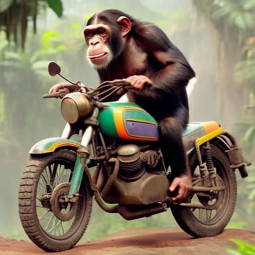 Chimpanzee Rides Motorcycle in Jungle Painting