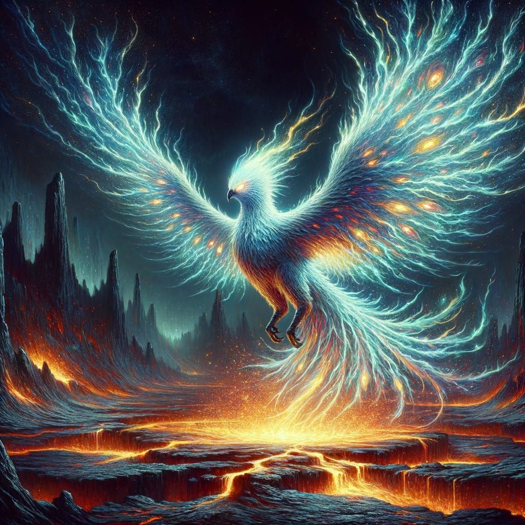 Surreal Futuristic Phoenix Rises from Volcanic Wasteland