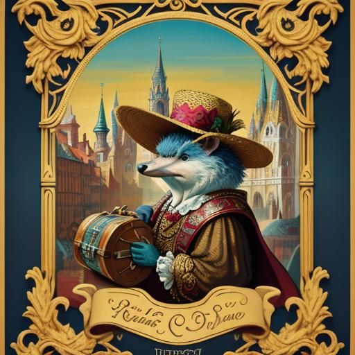 Baroque Vintage Travel Poster: Smiling Hedgehog Adventure