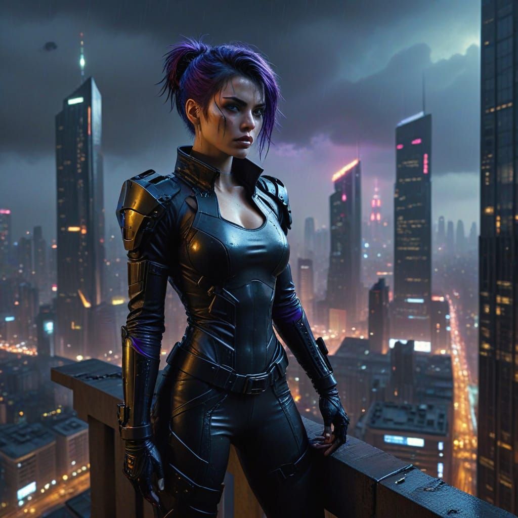 Cyberpunk Assassin in Noir Cityscape