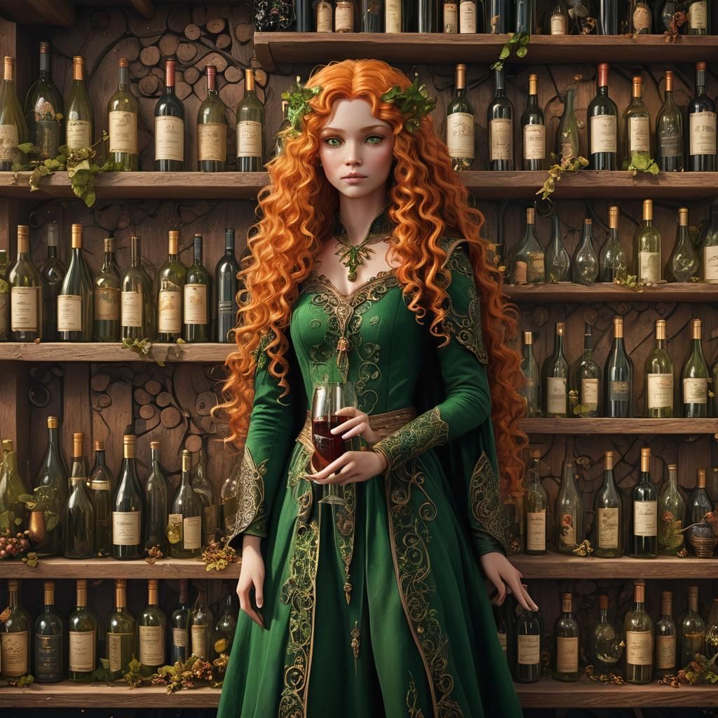 Elven Fairy Among Wine Bottles, Detailed Digital Art