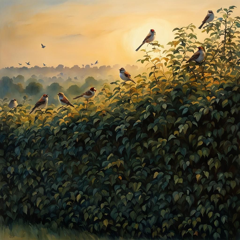 Sparrows in a Sunset Hedge