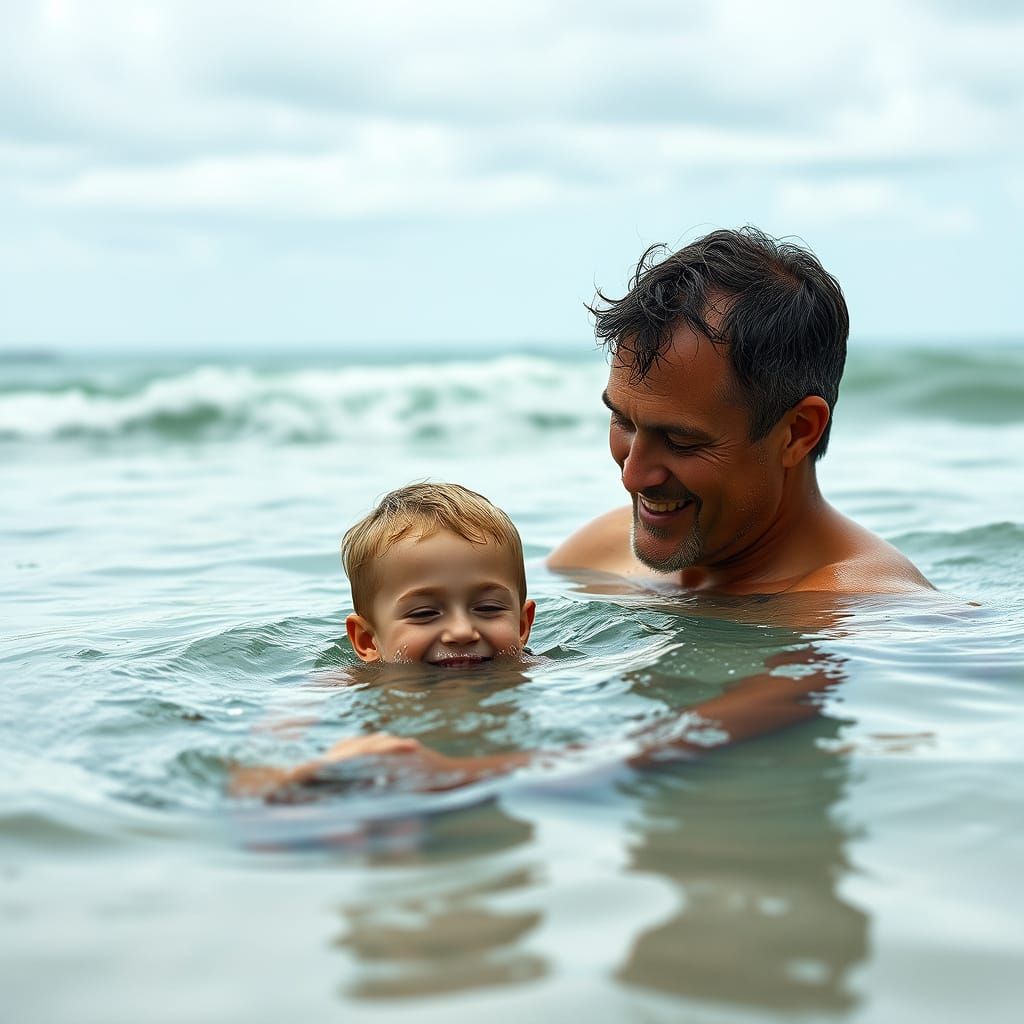 Dad Teaches Son to Swim on a Beautiful Beach Day