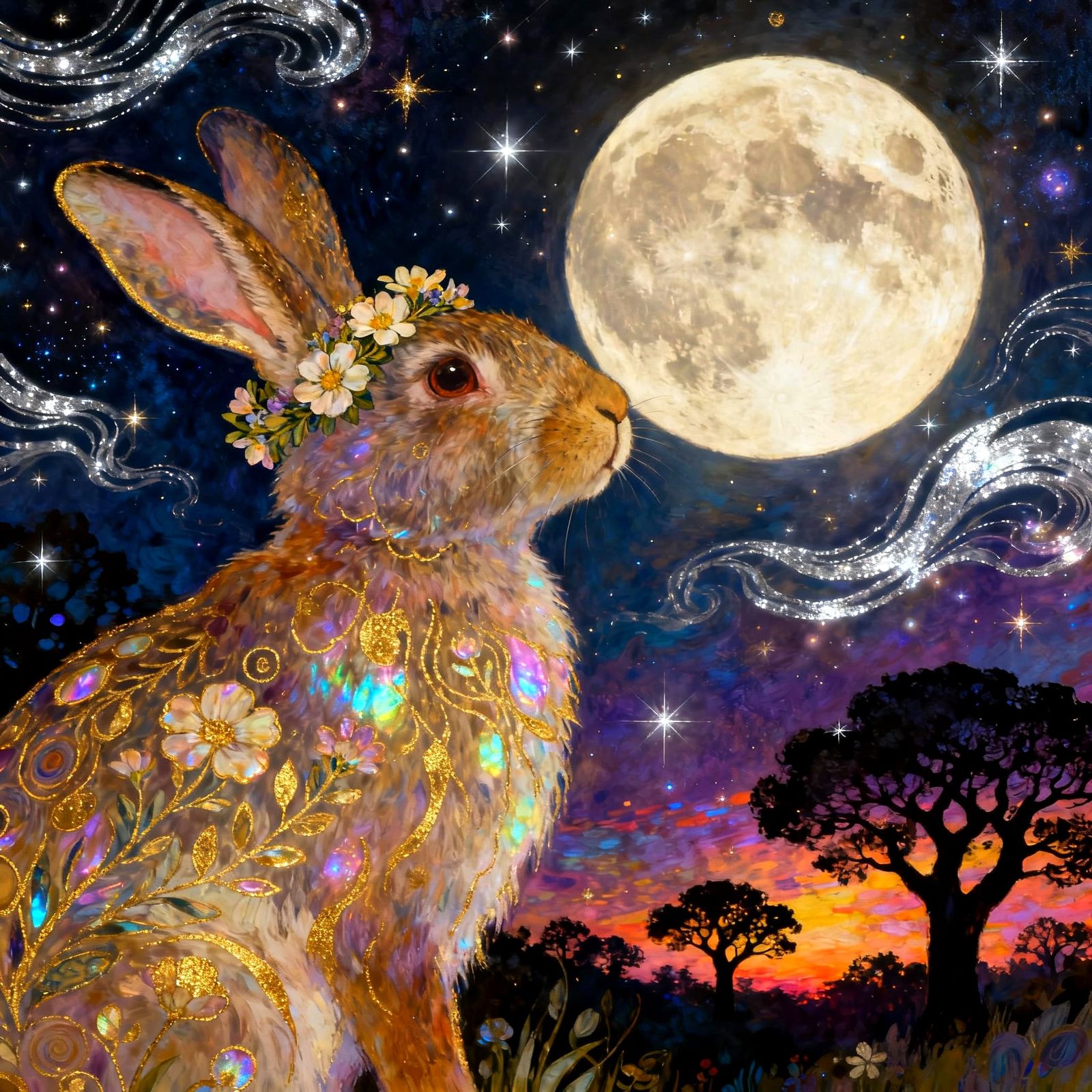 Rabbit Gazing at Moon with Cosmic Astral Glow
