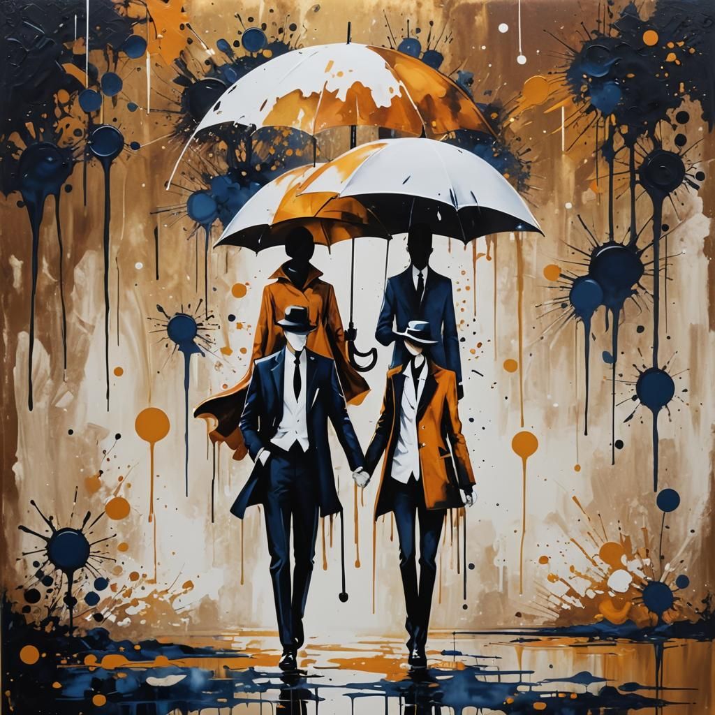Depict a visual symphony of elegant and modern abstract art with two minimalist figures under a white umbrella appearing...