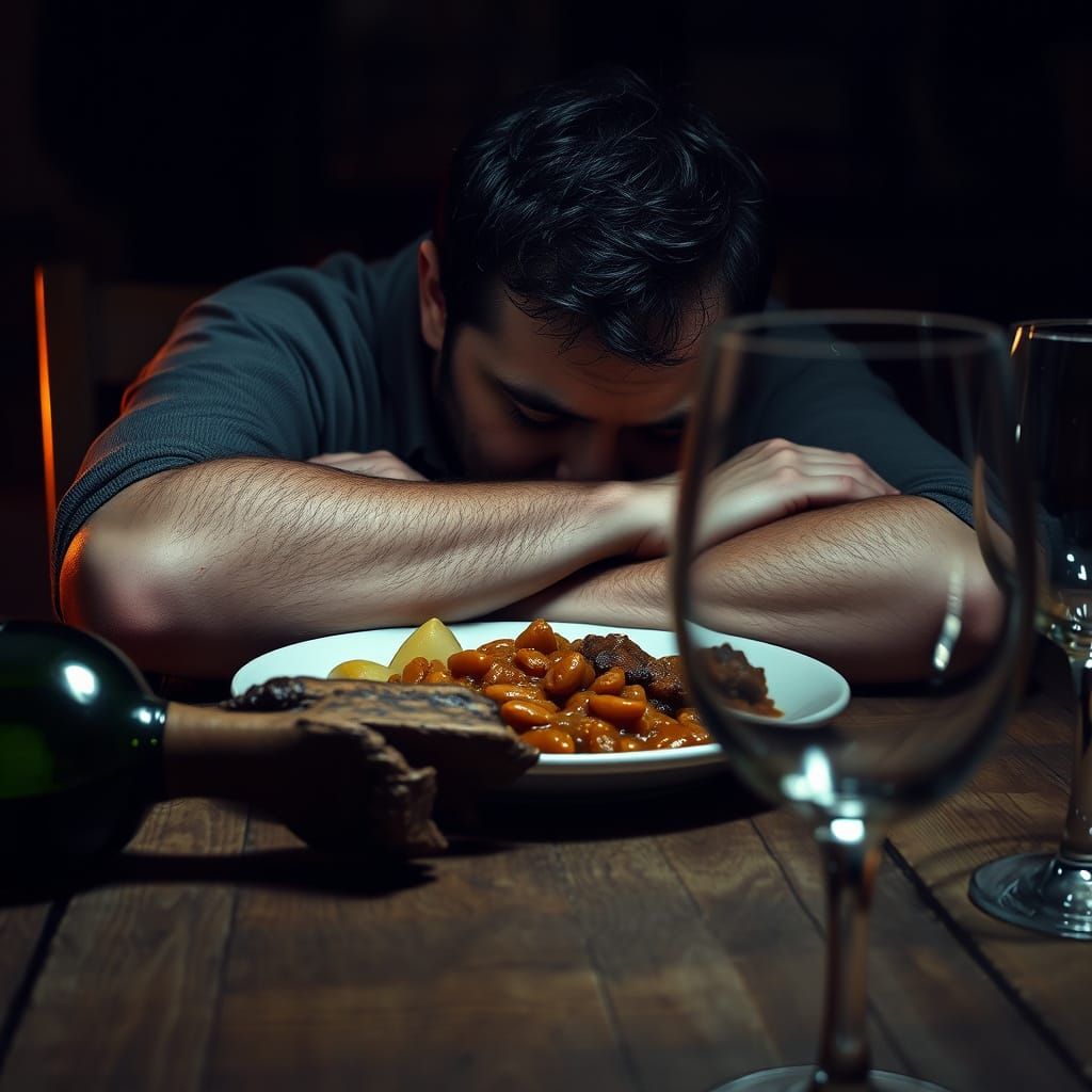 Man Slumped in Inebriated Slumber on Rustic Table