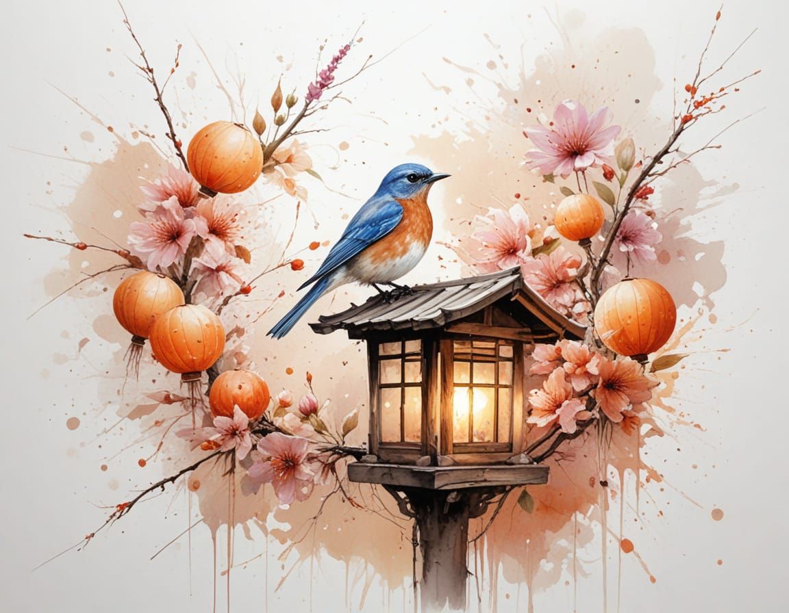 Bluebird Perched Among Glowing Lanterns at Sunset