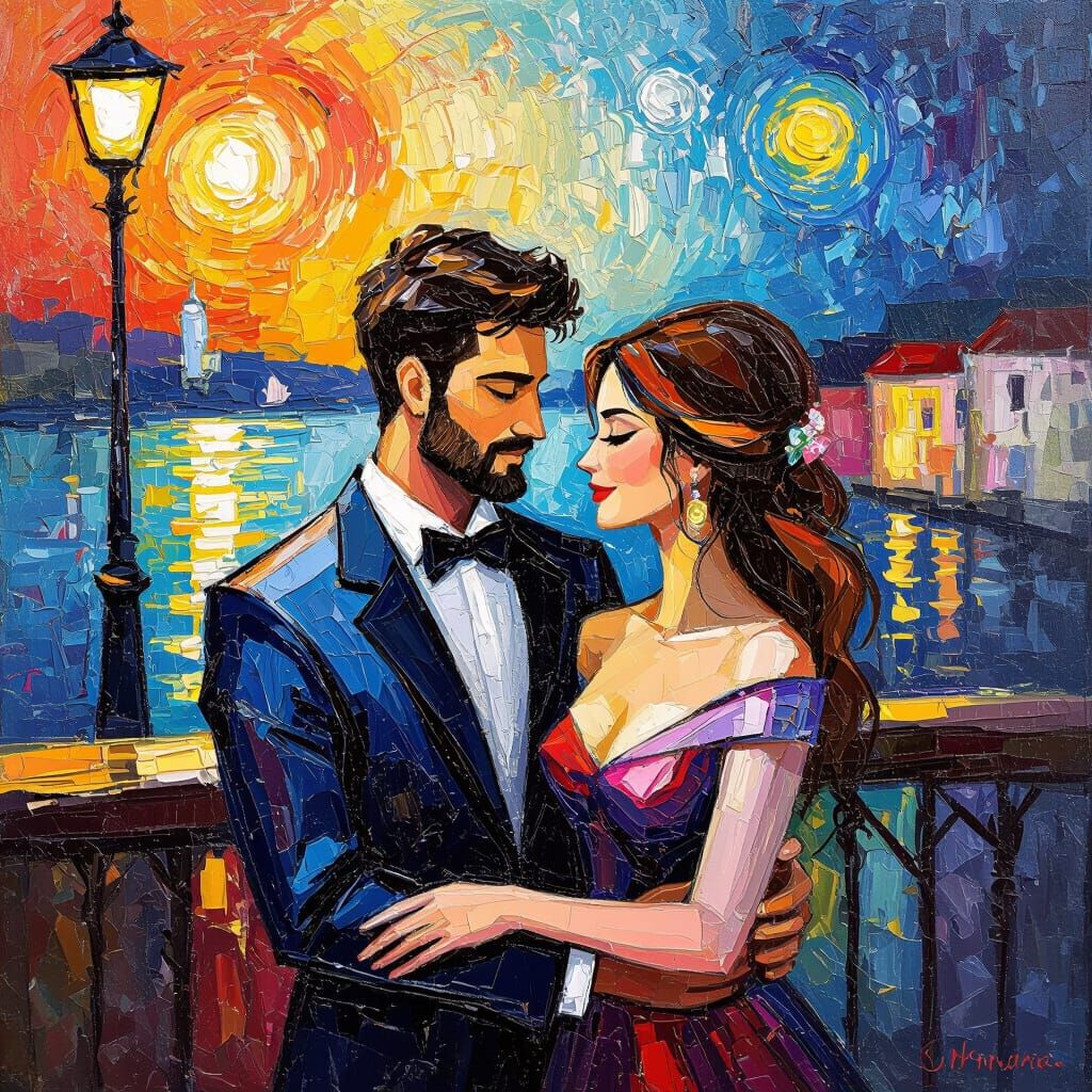 Anniversary Neo-Impressionist Oil Painting with Impasto Text...