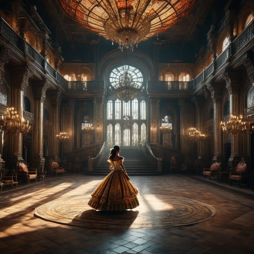 Vibrant Baroque-Inspired Ballroom Dance in Golden Hour