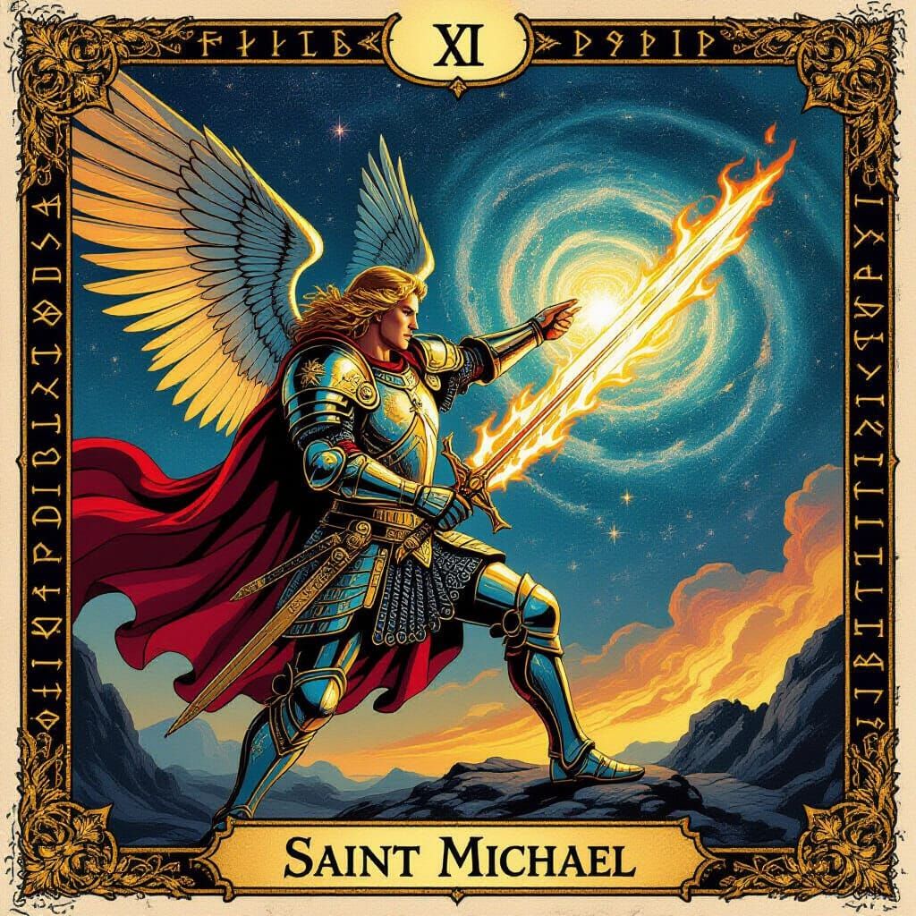 Saint Michael Tarot Card in Comic Book Style