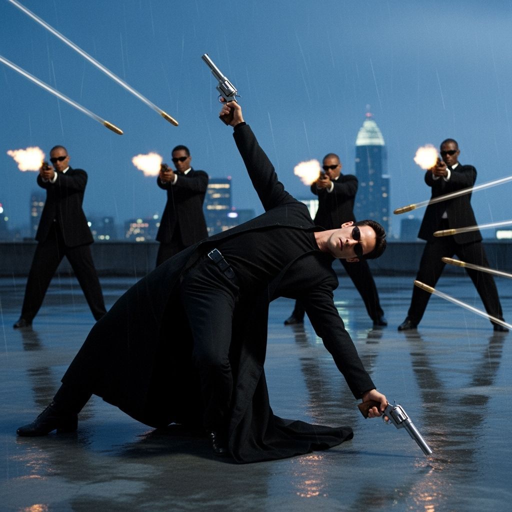 Neo Dodging Bullets on a Rooftop in Slow Motion