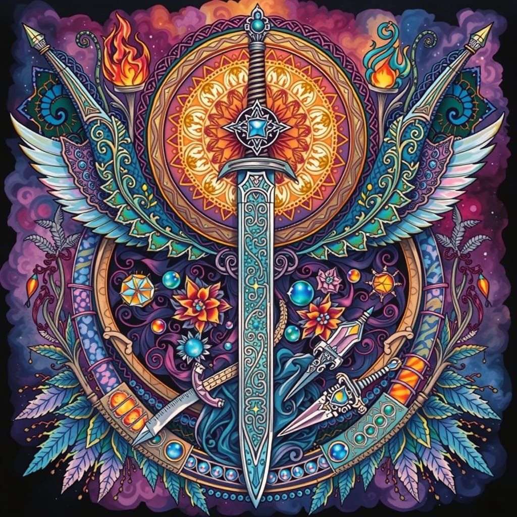 Mystical Sword in a Psychedelic Amethyst Zentangle Mandala