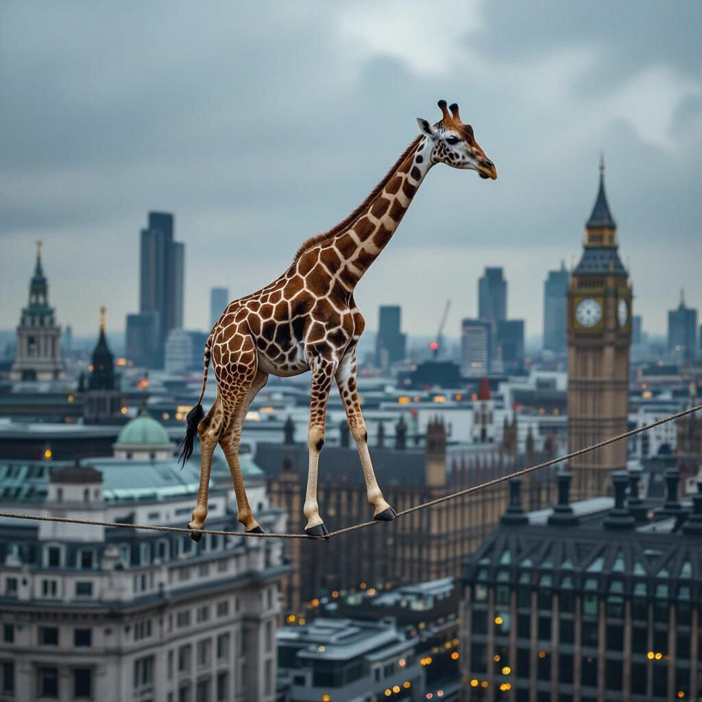 Giraffe on Tightrope Over London