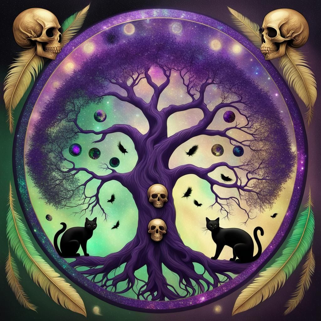 Glittering Tree of Life with Yin Yang and Skulls