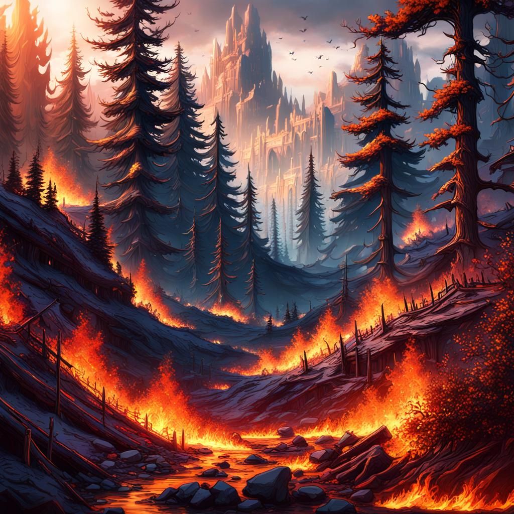 Fox Escapes Forest Fire: Detailed Fantasy Concept Art
