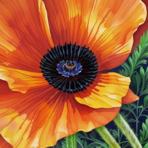 Orange Poppy Watercolor Painting in Art Nouveau Style