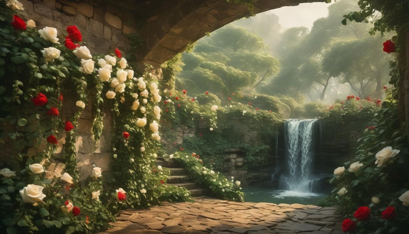 Impressionist Landscape with Waterfall and Roses