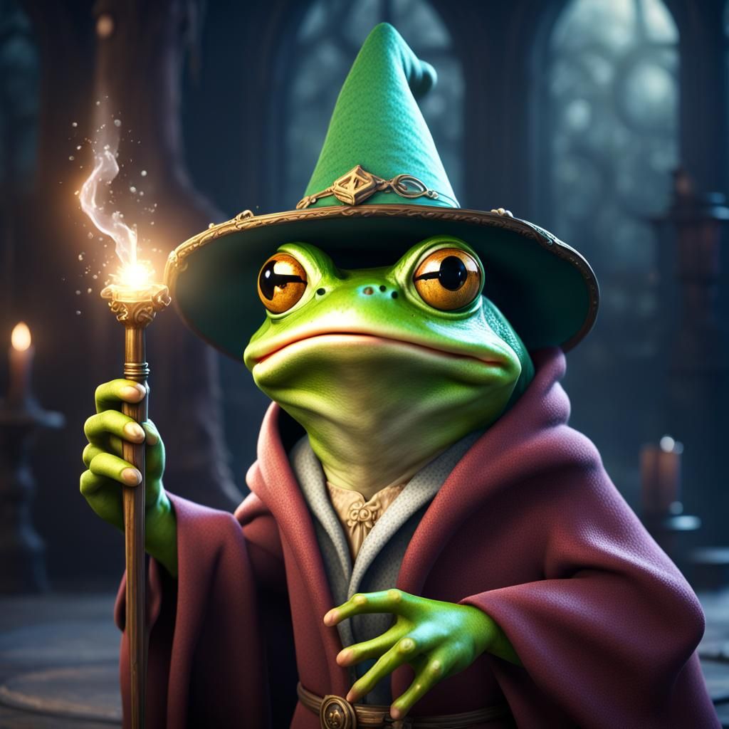 Frog Wizard with Magic Wand, Detailed Fantasy Art