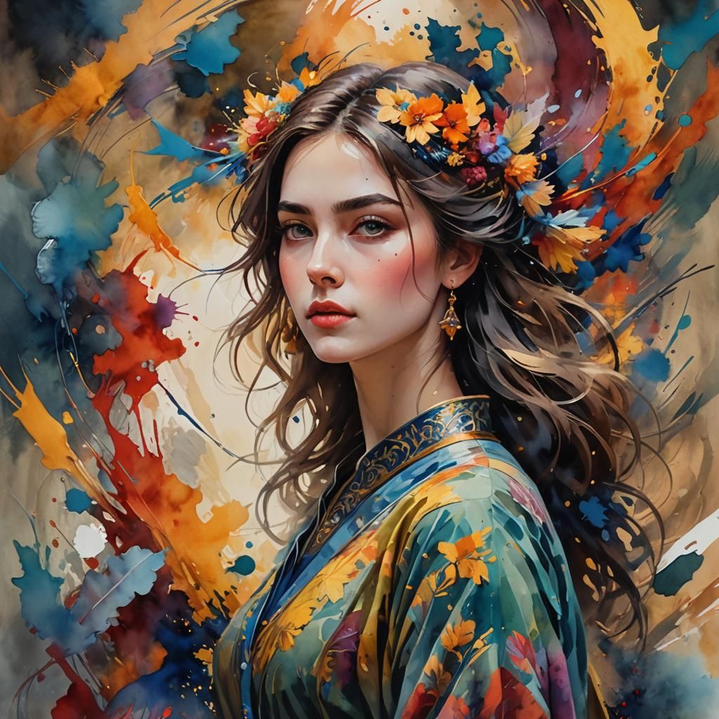 Woman with Colorful Background in Gouache Style