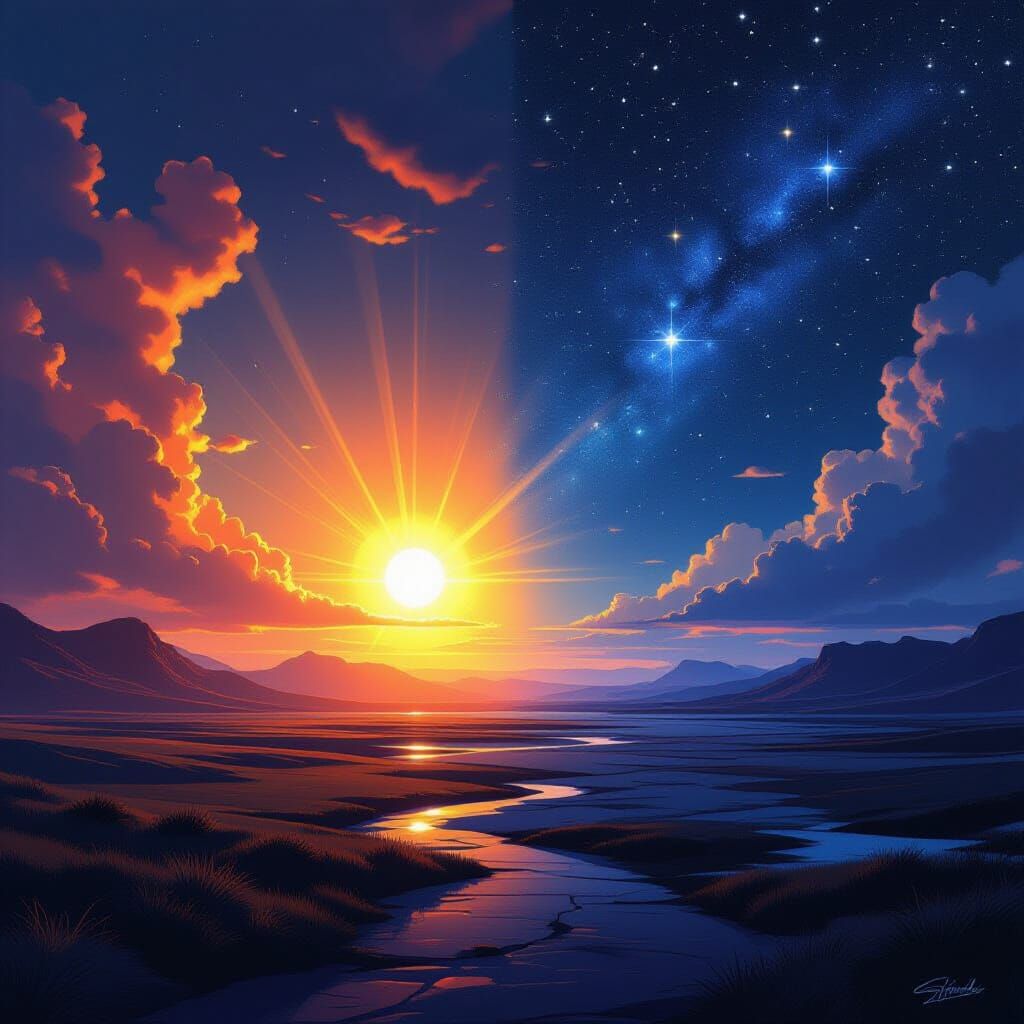 Contrasting Landscape: Day and Night Digital Art