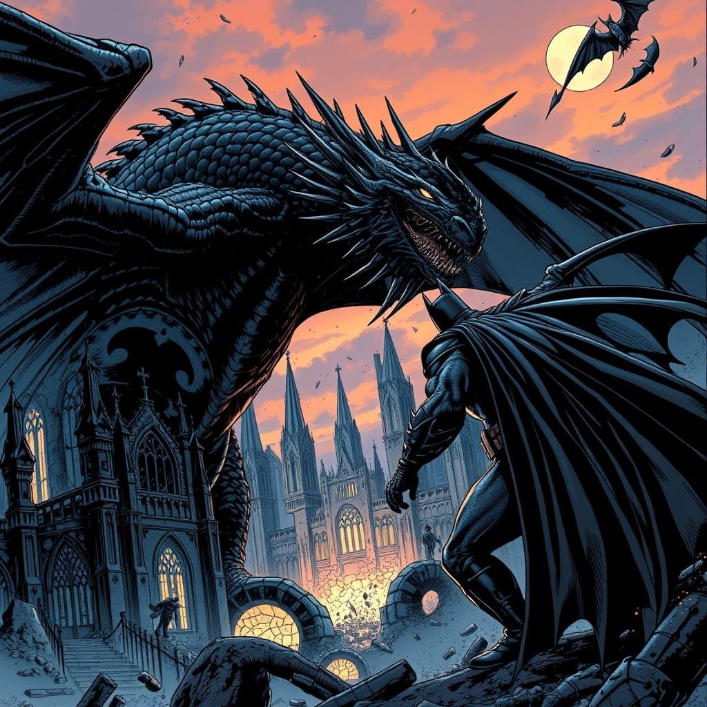 Colossal Dragon Battles Dark Knight in Gothic City