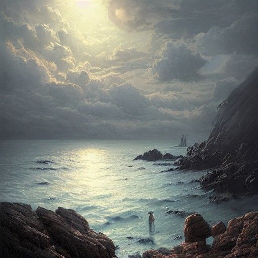 Summer Dawn on Rocky Coast in Romantic Style