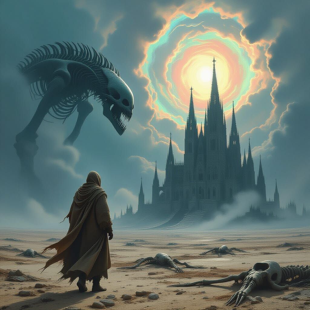 Surreal Gothic Cathedral Landscape with Lone Traveler