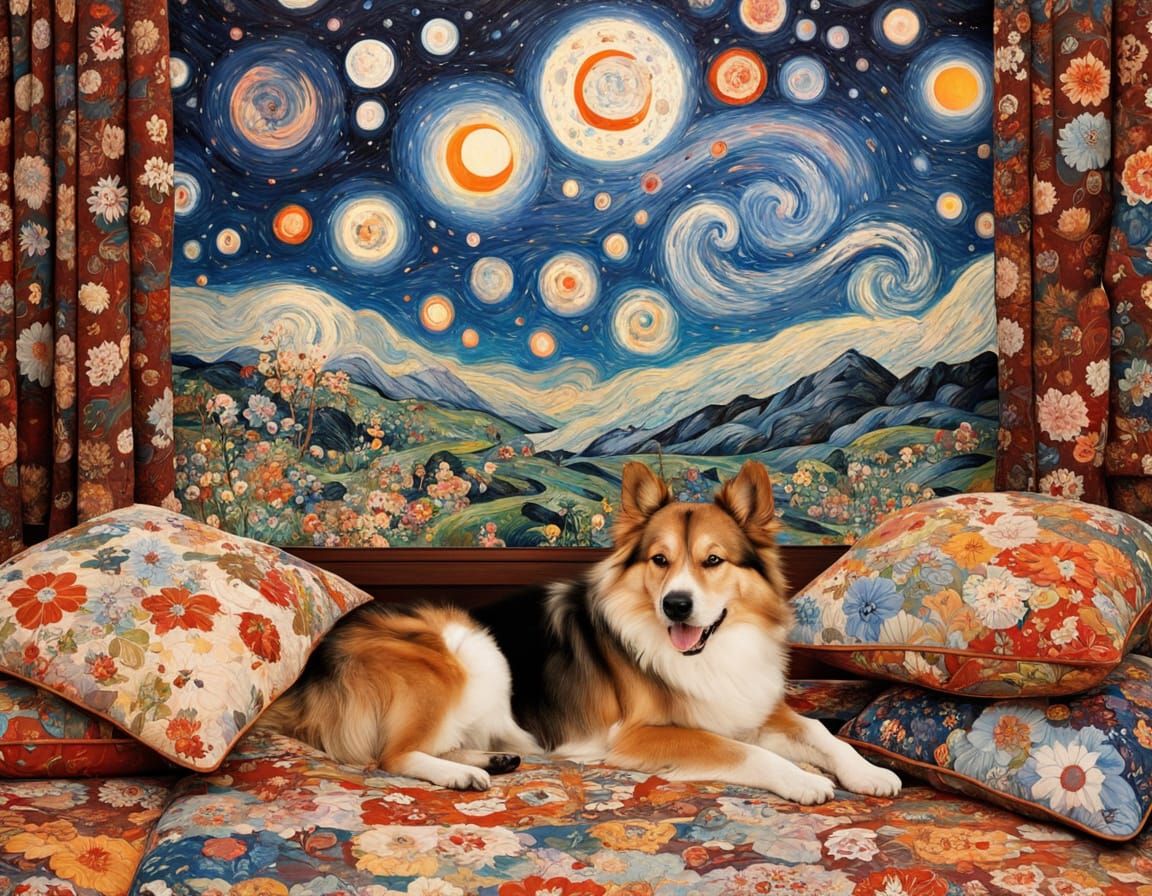 Cozy Winter Scene with Dogs and Cats in Impressionist Style